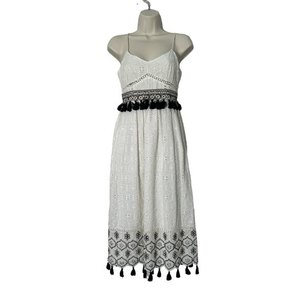 Hemant & Nandita Sleeveless White Eyelet‎ Black Tassel Midi Dress Size XS